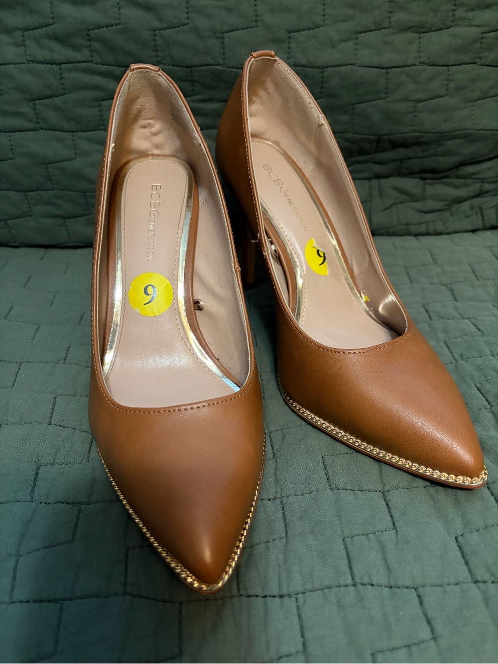 BCBGeneration Tan Pointed Toe Pumps with Gold Chain Trim - Picture 6 of 6